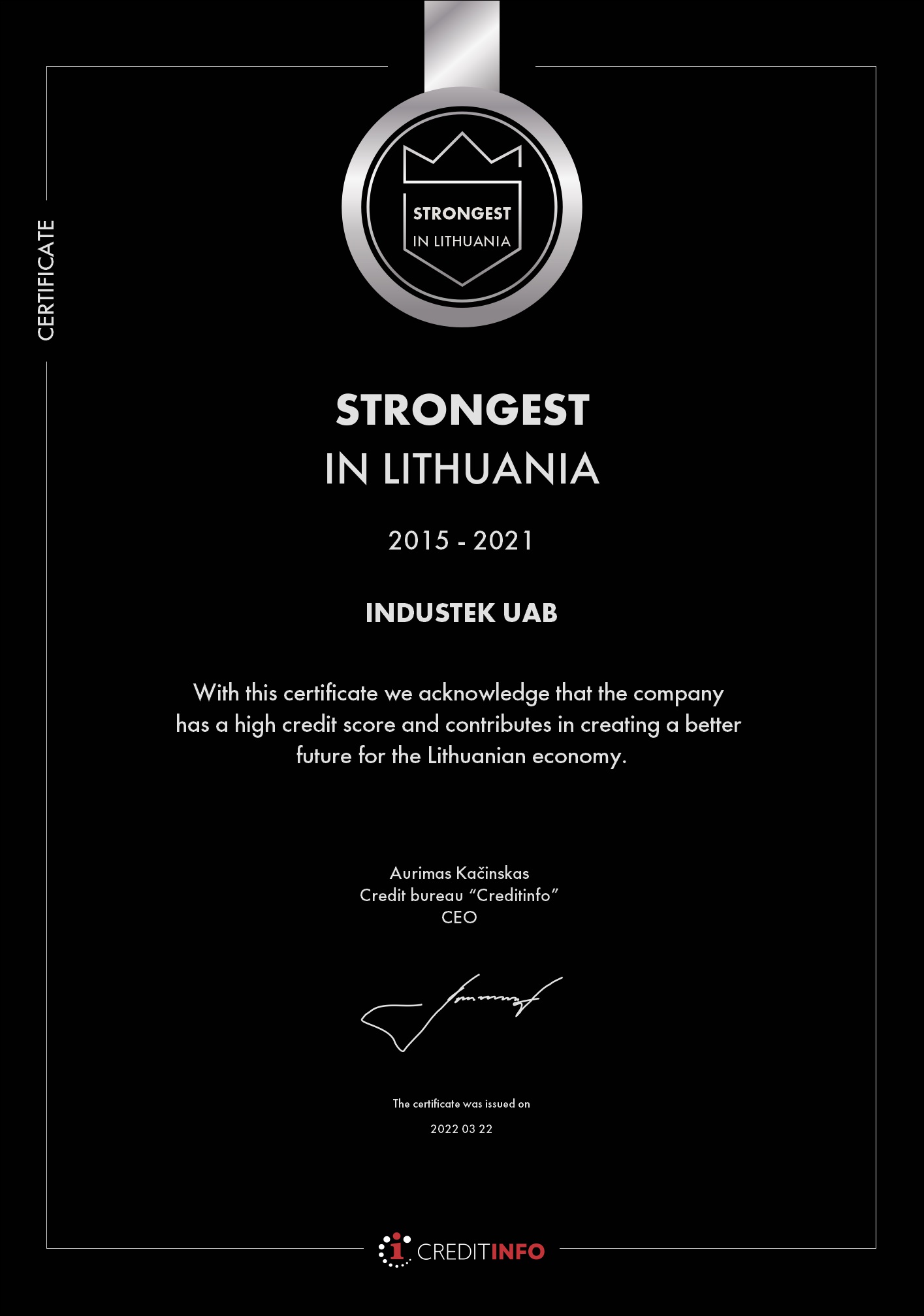 Certification: Industek - strongest in Lithuania. Leaders 2015-2021